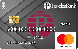 Generic debit card - gray background with Peoples Bank maroon P logo