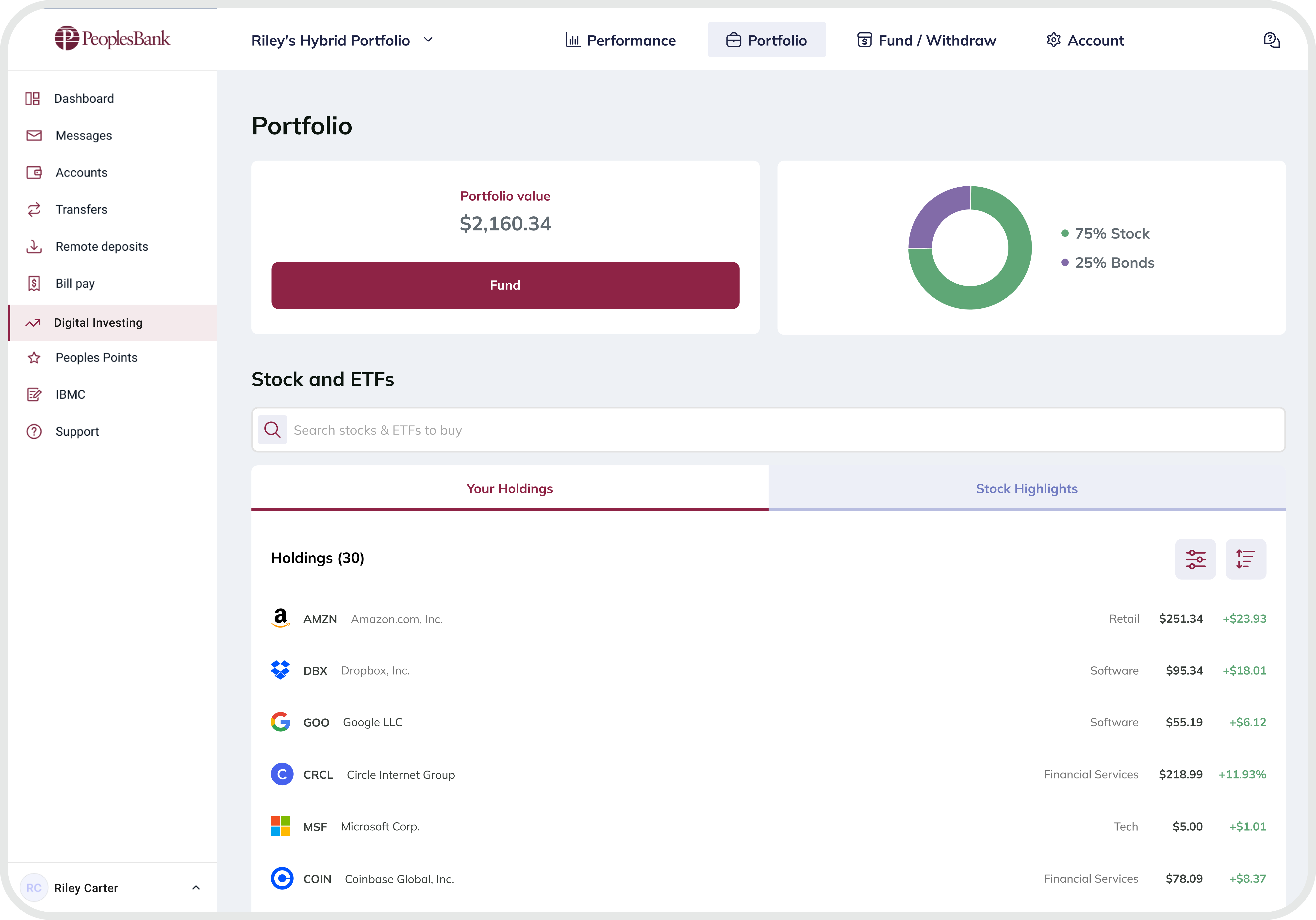 Digital Investing Portfolio Screen