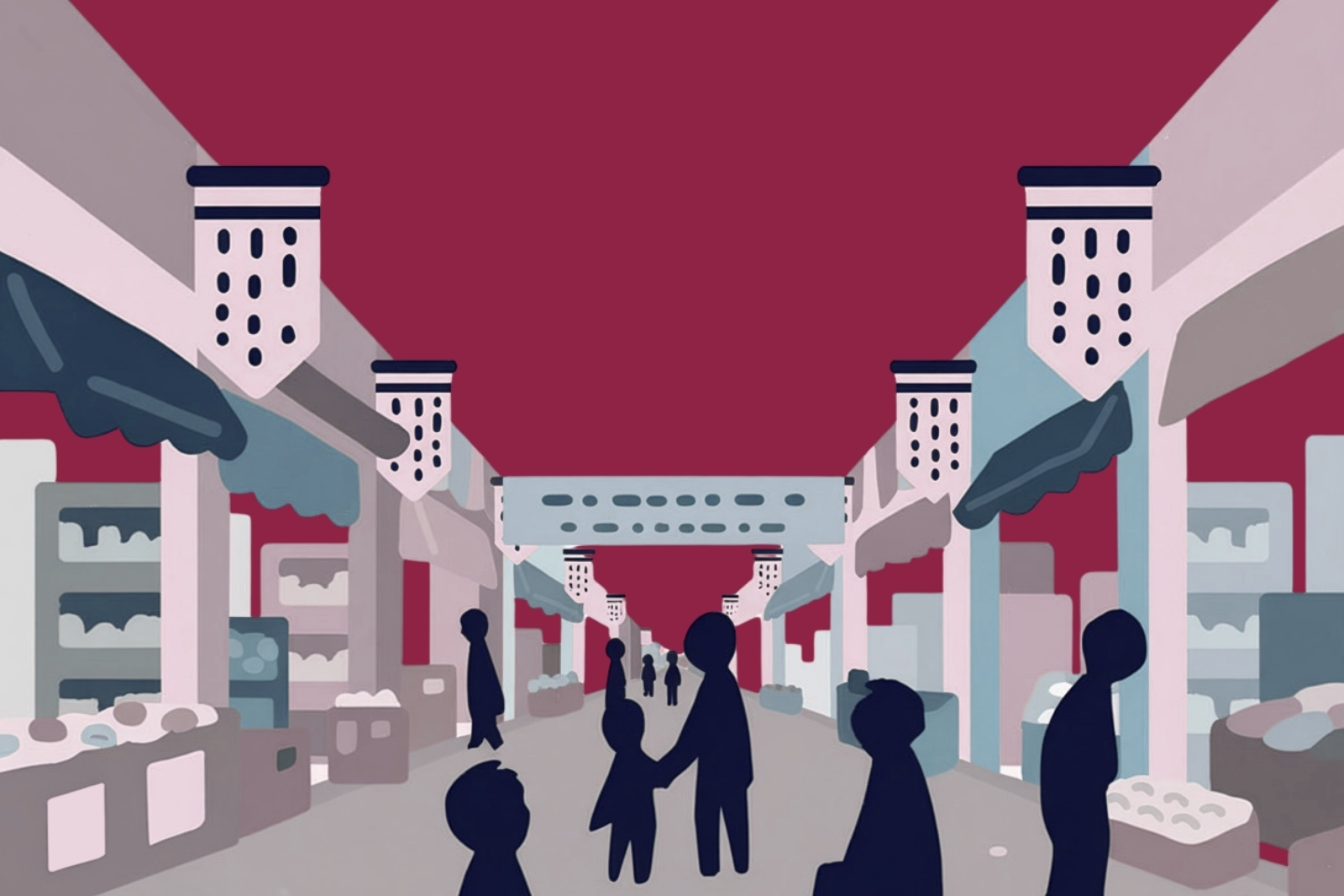 graphic of a supermarket and silhouettes of people