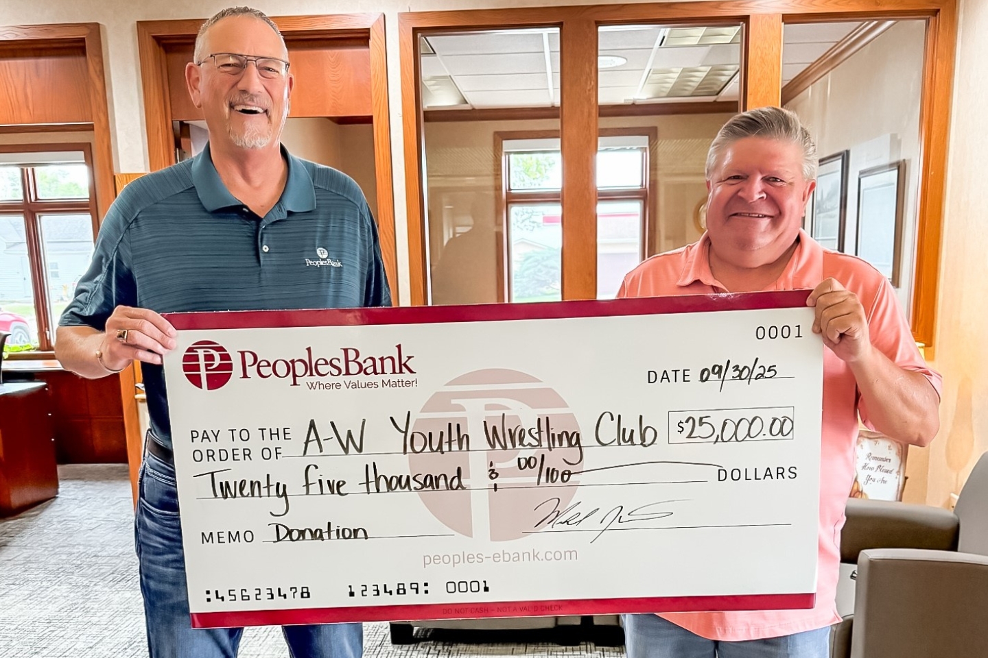 Akron Peoples Bank Akron-Westfield Youth Wrestling Club Donation