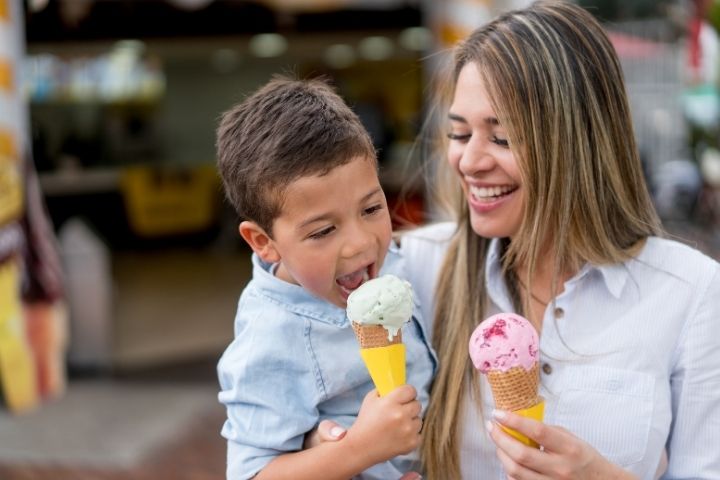 Mom and son eating ice cream cones