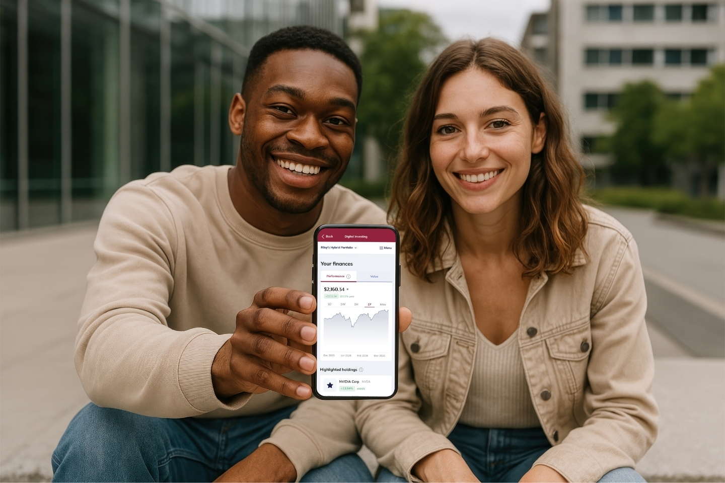 man and woman with a cell phone showing Digital Investing